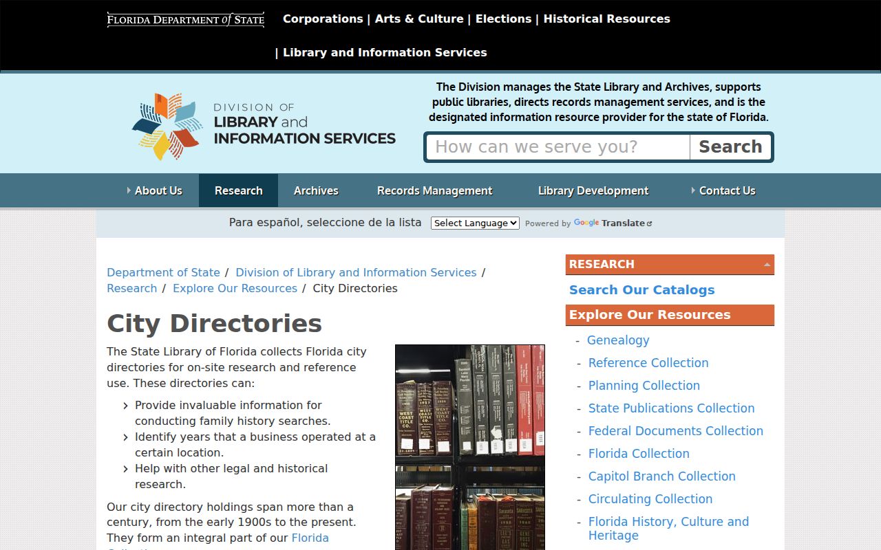 Florida State Library city directory collection and research access information