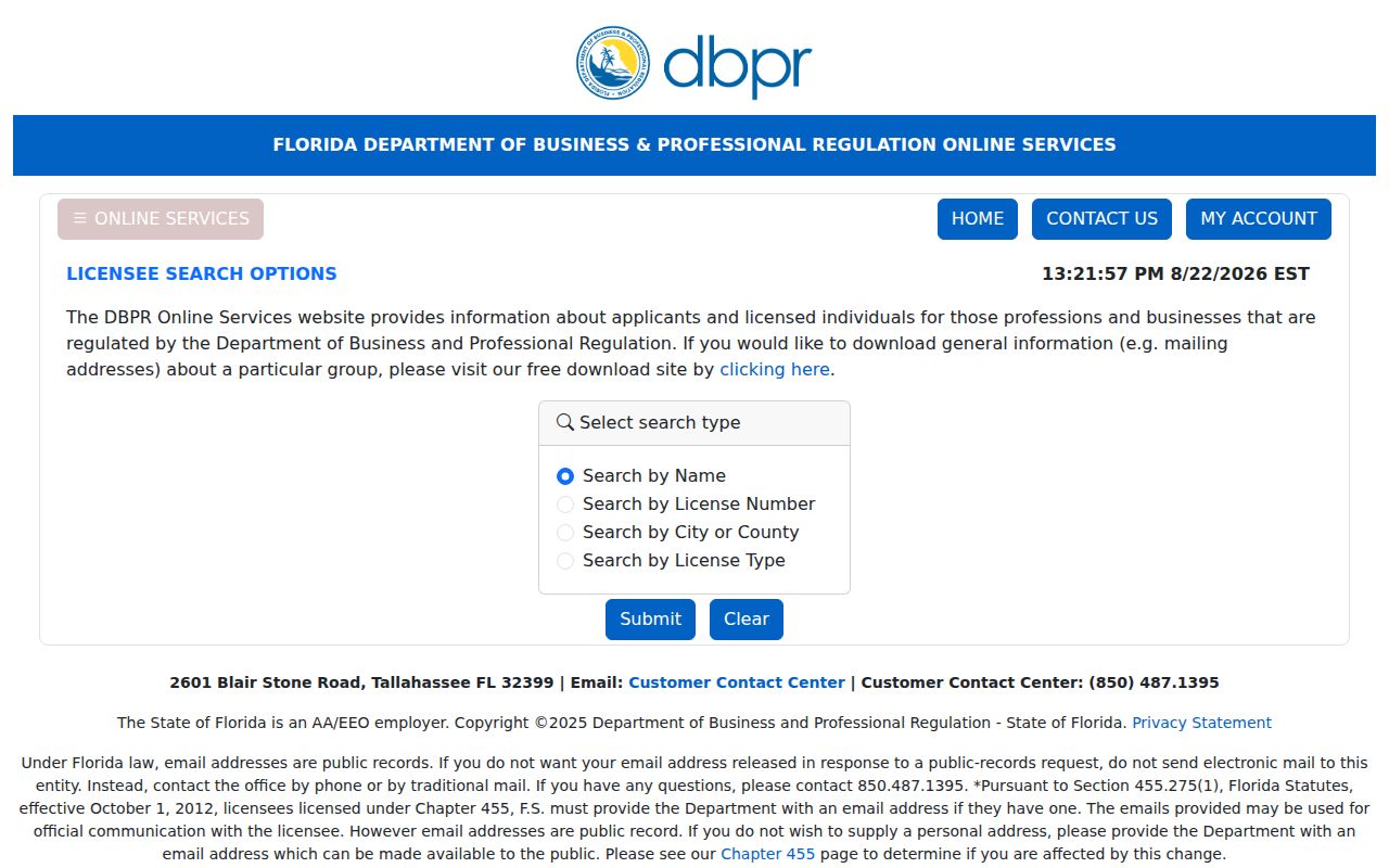 Florida DBPR license verification choices for an Apopka resident name