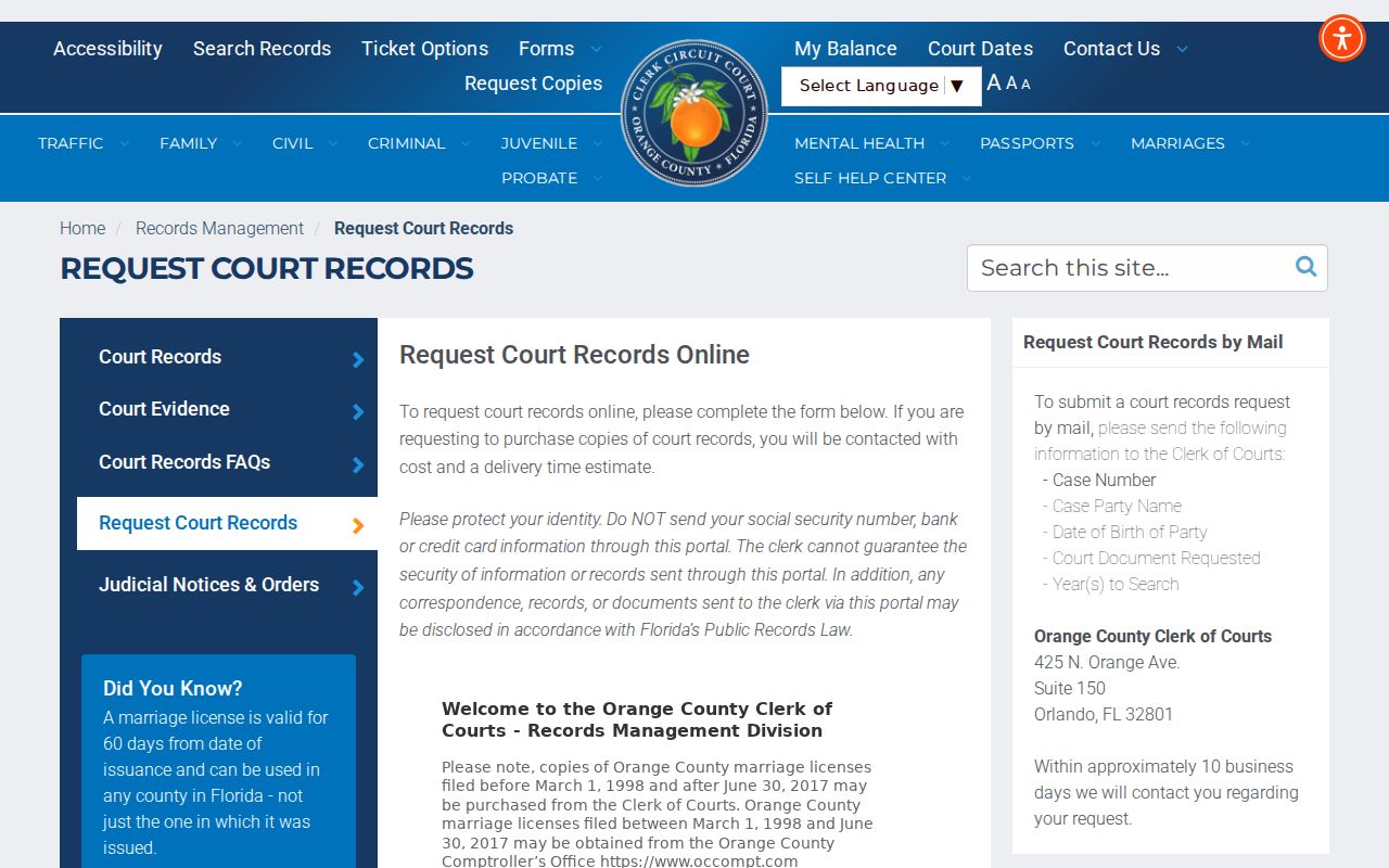 Orange County Clerk court record copy request options for Apopka searches