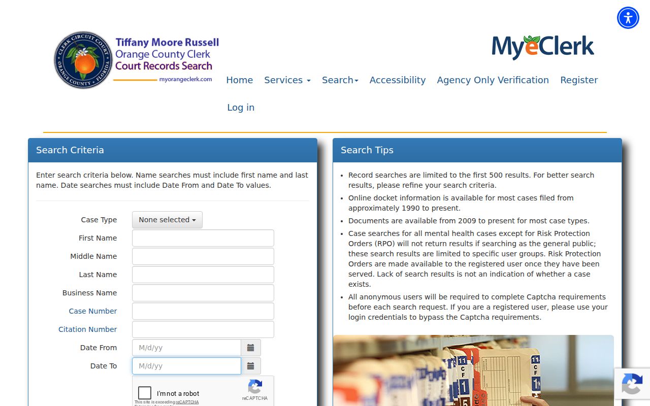 Orange County court case search fields used for an Apopka resident lookup