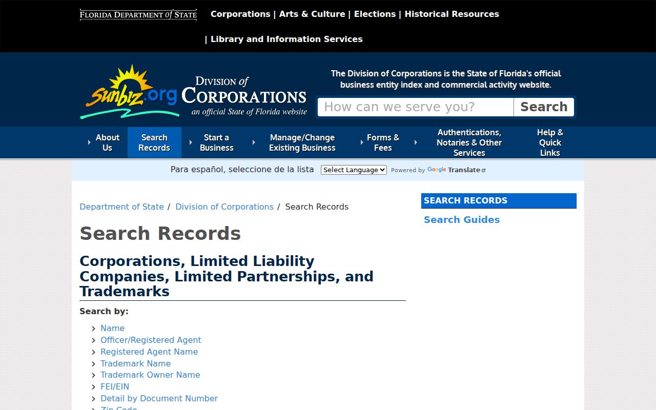 Florida Sunbiz search modes for an Apopka resident business connection