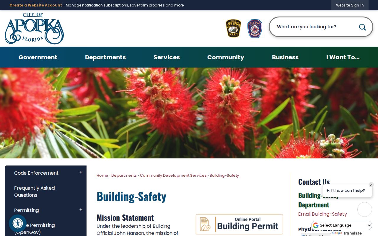 Apopka Building Safety page for address permit searches